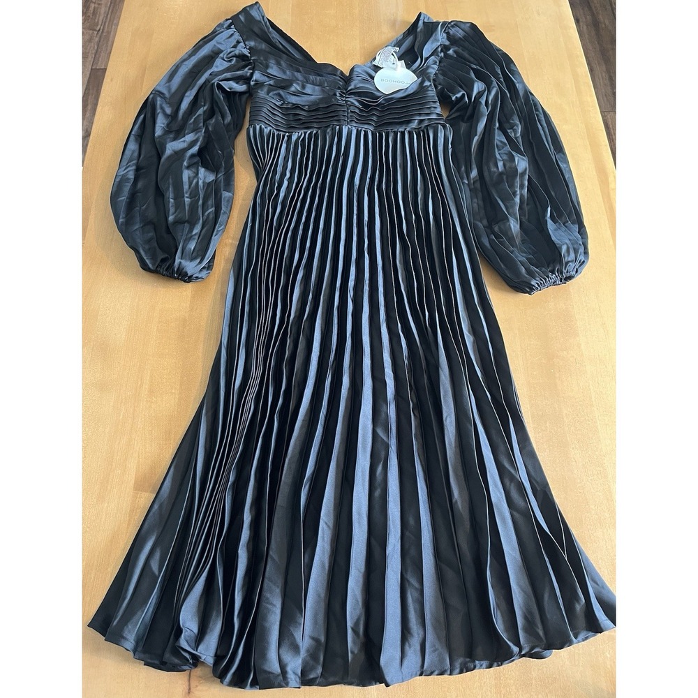 Boohoo Occasion Women's Satin Pleated Plunge Dress Midaxi Black Wedding - Picture 4 of 16